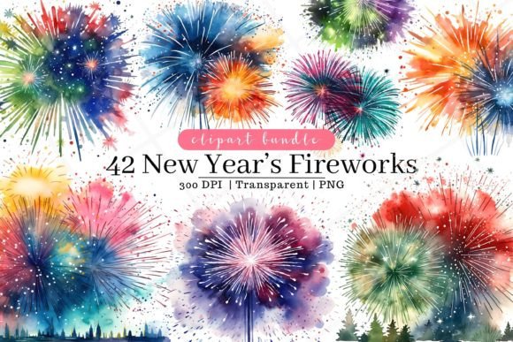 Download New Year's Fireworks Watercolor Clipart - New year Collection